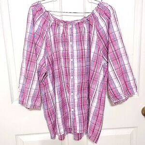 Women's 2X Country Peasant Western Wear Plaid Cotton Button Blouse